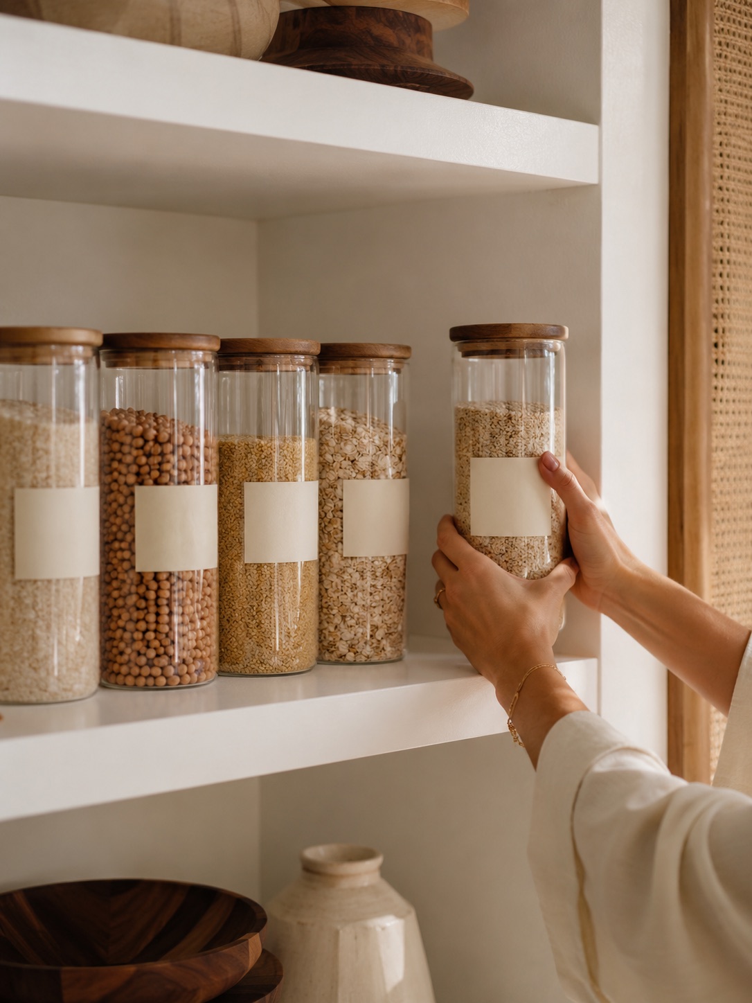 Hands placing a tall glass jar with an acacia lid onto a pantry shelf beside four identical jars