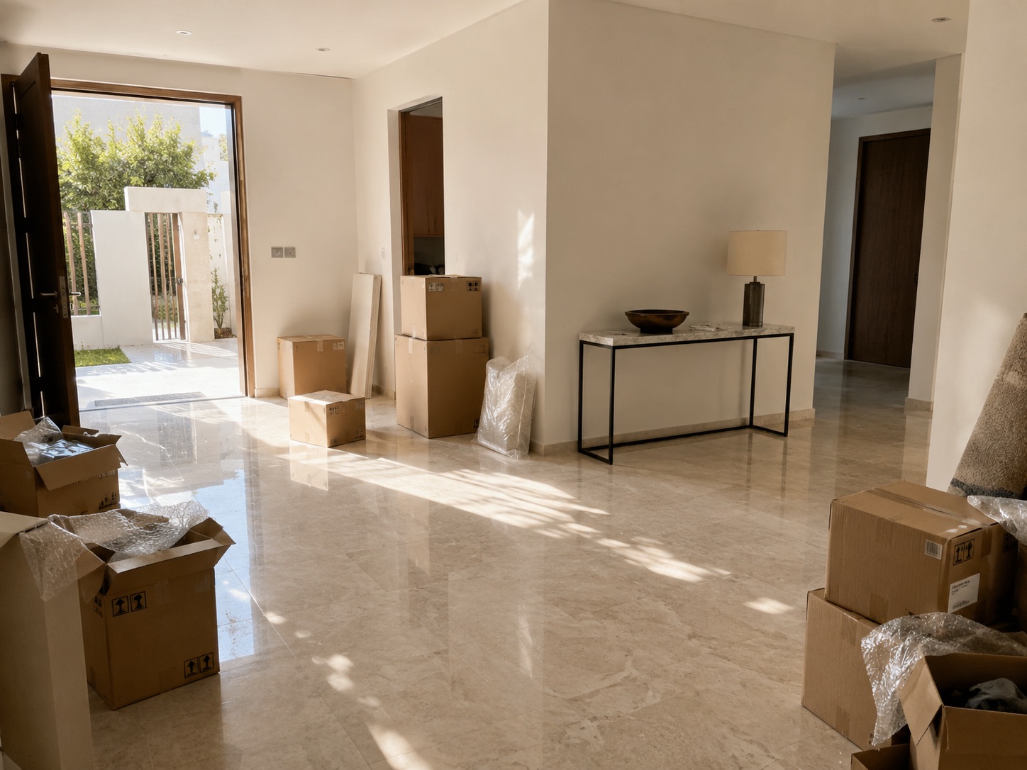 A villa entryway on move-in day: sealed cartons stacked against the wall and packing paper on the floor
