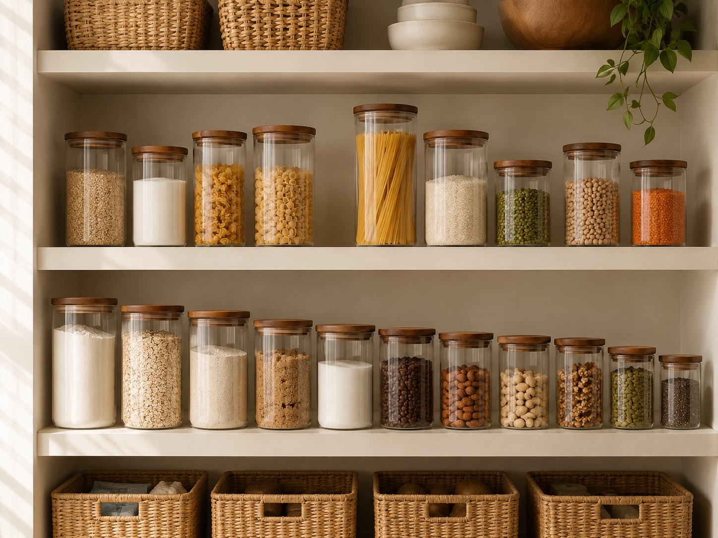 The same pantry after organizing: glass jars with acacia lids in graduated sizes, aligned, with cane baskets below