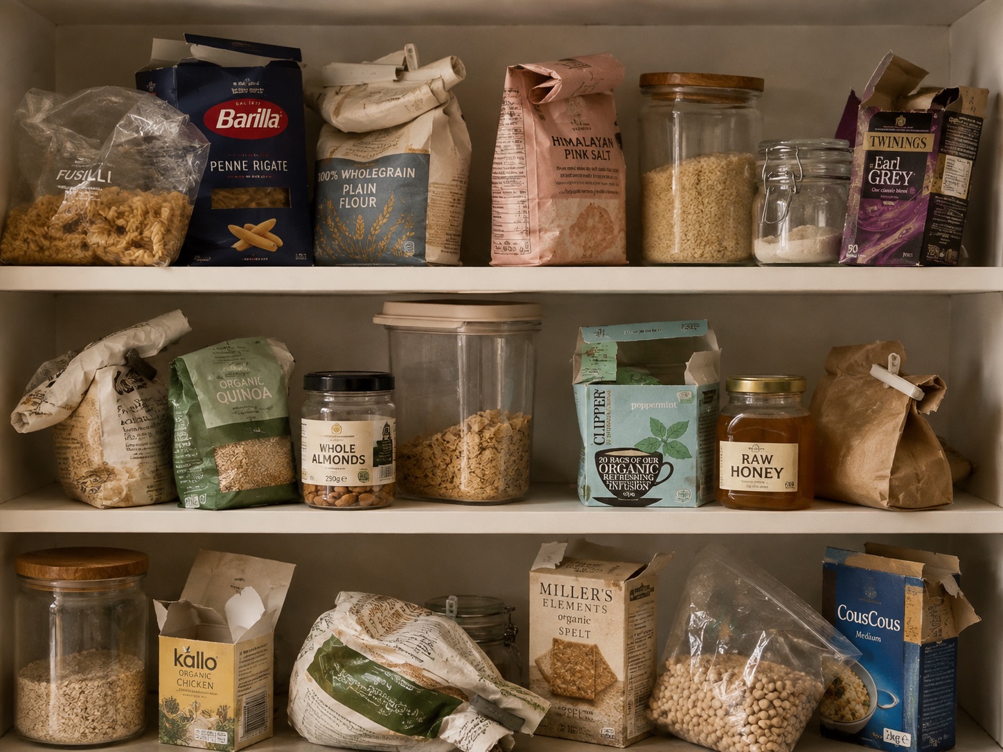 A pantry before organizing: opened packets, part-used bags and mismatched boxes on three shelves