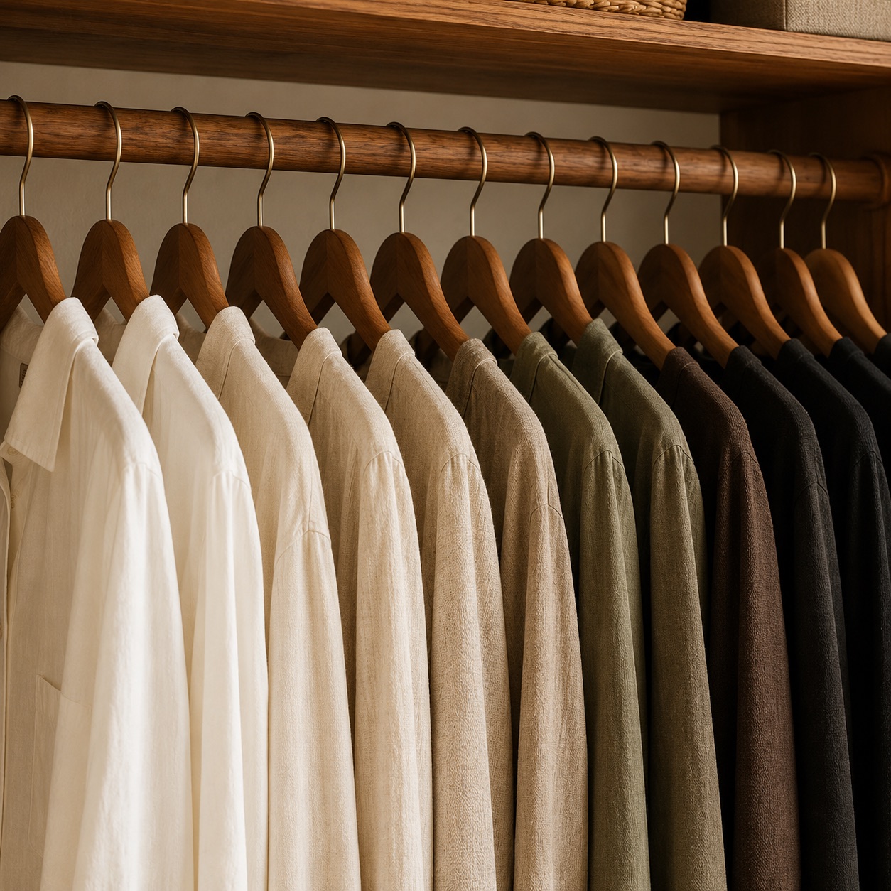 A wardrobe rail of matching wooden hangers with garments grouped by colour