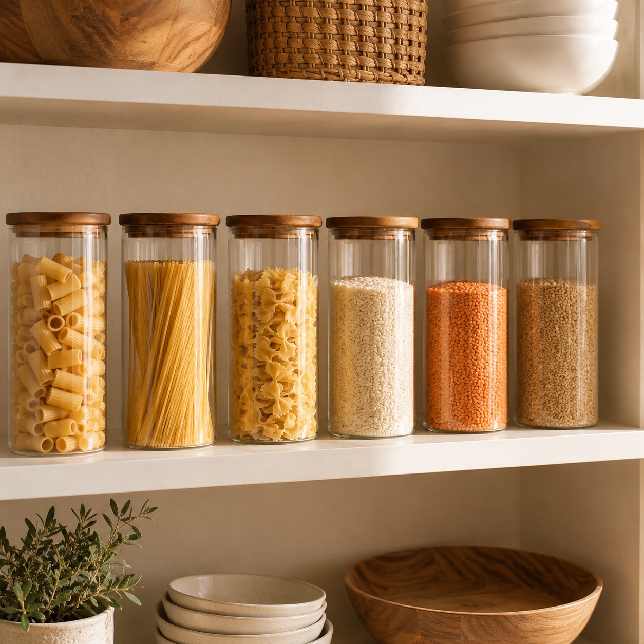 A pantry shelf of glass jars with acacia lids holding pasta, rice and lentils