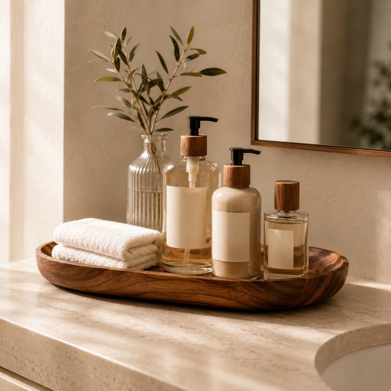 A bathroom vanity with an acacia tray holding glass bottles and a folded towel