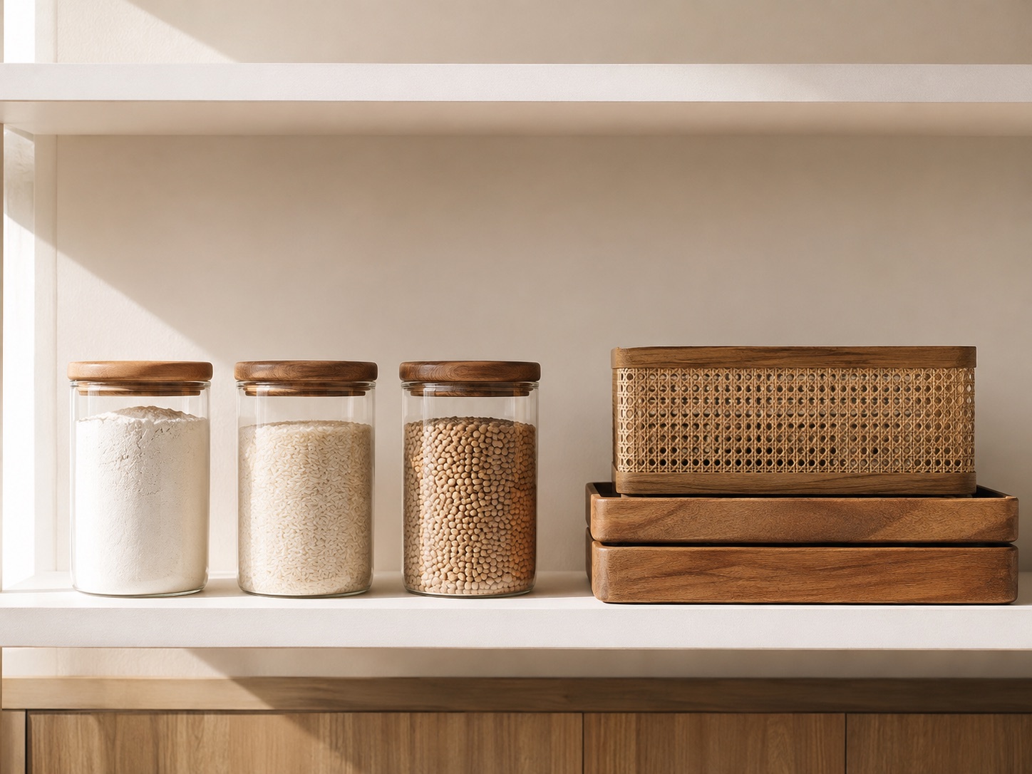 A pantry shelf holding glass jars beside a cane crate and stacked acacia trays